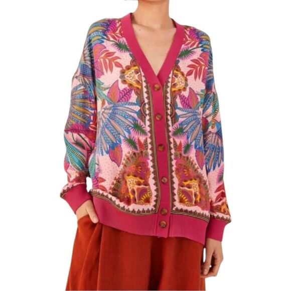 NWT FARM RIO Pink Macaw Scarf Lenzing Ecovero Viscose Cardigan L - Picture 1 of 12